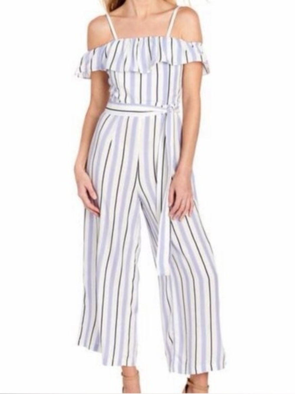 NWT Striped Off-Shoulder Jumpsuit in Light Blue and White